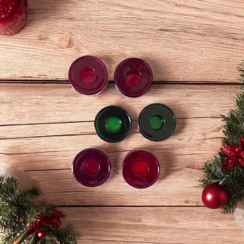 Crate & Barrel Red Green Glass Taper Candle Holders Round 2" Christmas Set of 6